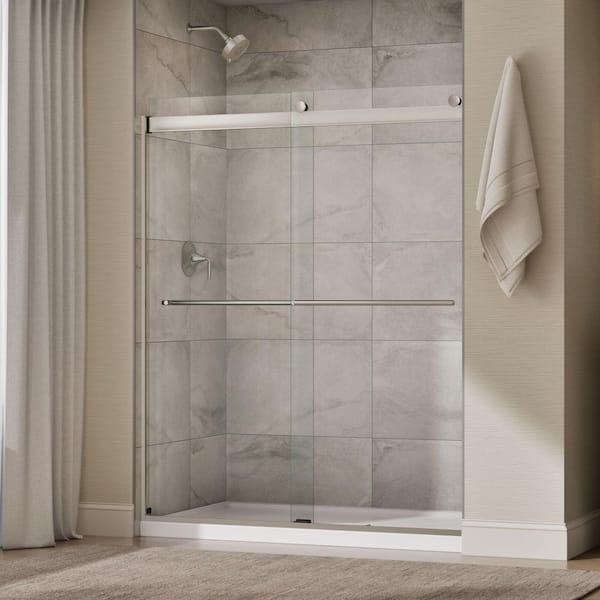 Claro 57-60 in. W x 74 in. H Frameless Sliding Shower Door in Brushed Nickel with 1/4 in. Thick Clear Tempered Glass