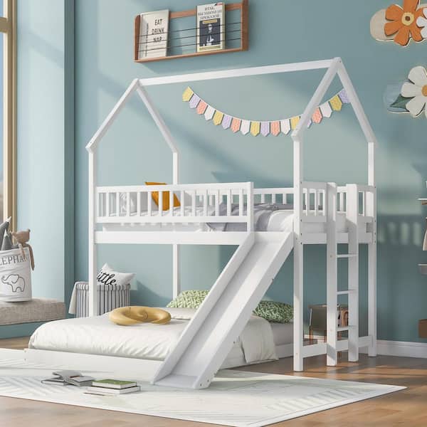 Polibi Twin over Full House Bunk Bed with Slide and Built-in Ladder, Full-Length Guardrail, White