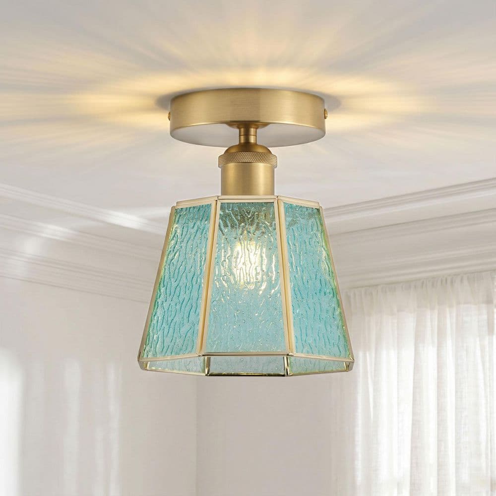 6.89 in. 1-Light Vintage Lantern Brushed Brass Semi-Flush Mount Ceiling Light with Blue Textured Glass Shade for Foyer price history on PriceWatchPro