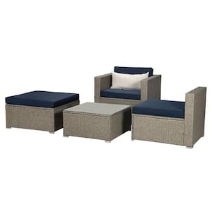 Gray 4-Piece Wicker Outdoor Garden Patio Furniture Sectional Sofa Sets with Navy Cushion and Beige Pillow