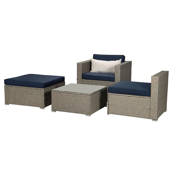 Tidoin Gray 4-Piece Wicker Outdoor Garden Patio Furniture Sectional Sofa Sets with Navy Cushion and Beige Pillow