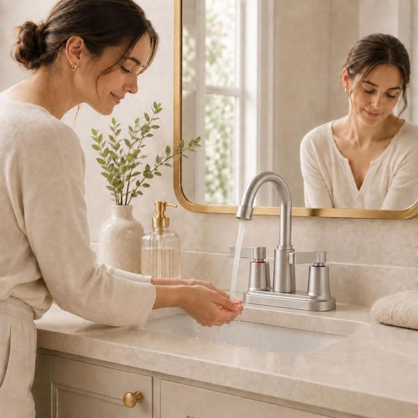 4 in. Centerset 2-Handle 360 Swivel High-Arc Bathroom Sink Faucet with Pop-Up Drain in Brushed Nickel
