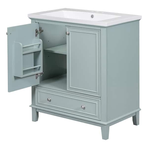 30 in. W x 18 in. D x 34 in. H Single Sink Freestanding MDF Bathroom Vanity in Green with White Ceramic Top