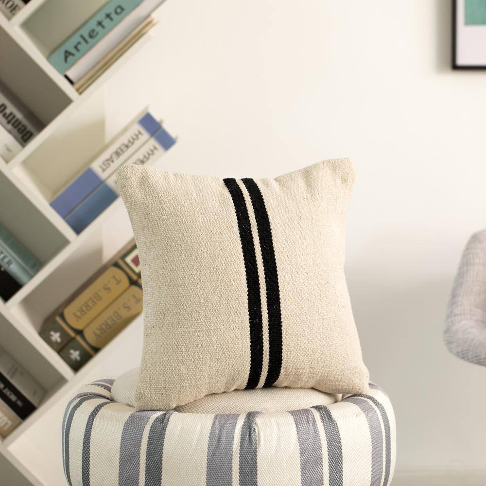 16" Handwoven Cotton Throw Pillow with Black Stripes
