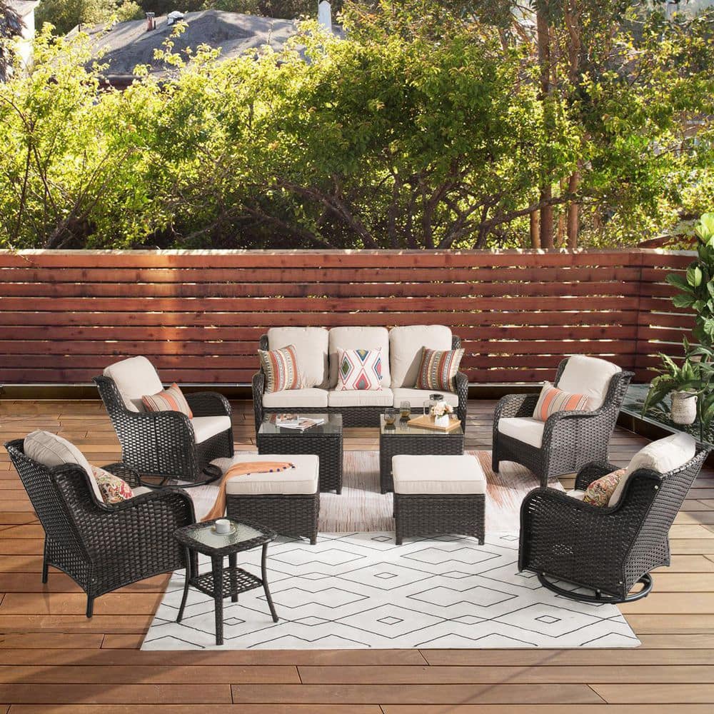 New Kenard Brown 10-Piece Wicker Patio Conversation Set with Beige Cushions and Swivel Rocking Chairs -  OVIOS, NTC600-10R