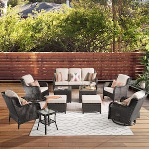 New Kenard Brown 10-Piece Wicker Patio Conversation Set with Beige Cushions and Swivel Rocking Chairs