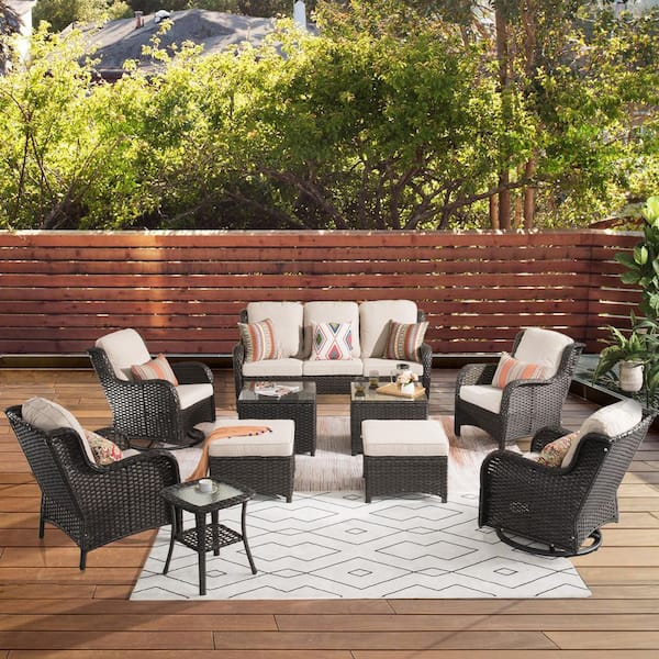 OVIOS New Kenard Brown 10-Piece Wicker Patio Conversation Set with Beige Cushions and Swivel Rocking Chairs
