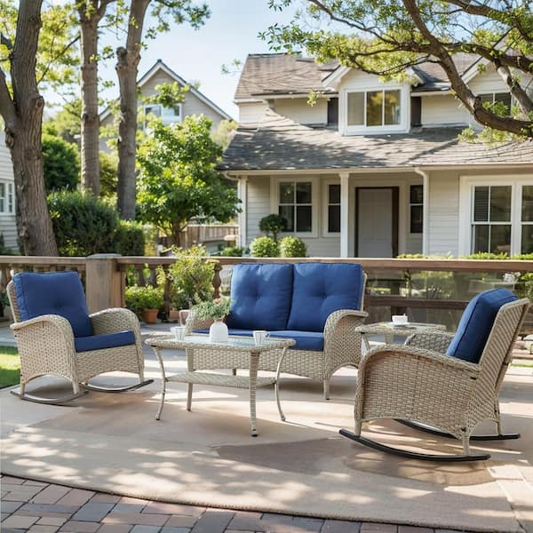 Pocassy 5-Piece Gray Wicker Patio Conversation Set with Blue Cushions and Loveseat Side Table Flat Handrail Rocking Chairs