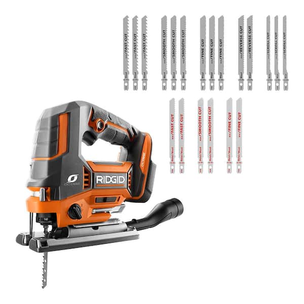 RIDGID R8832B-A14AK201 18V OCTANE Brushless Cordless Jig Saw (Tool Only) with All Purpose Jig Saw Blade Set (20-Piece) - 1