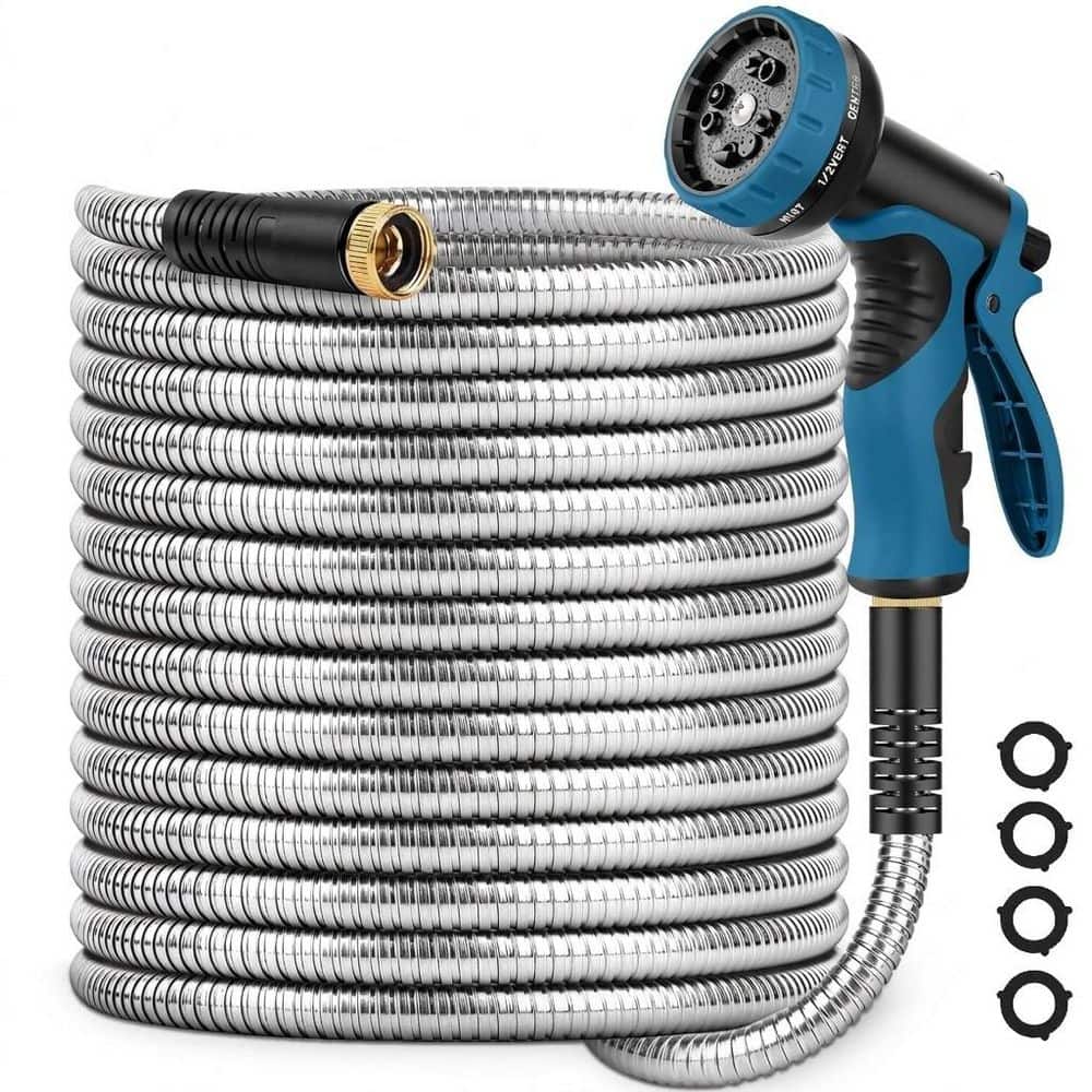 3/4 in. dia. x 100 ft. Heavy-Duty Stainless Steel Garden Hose Kink-Free with 10-Function Nozzle and Solid Brass Fittings price history on PriceWatchPro