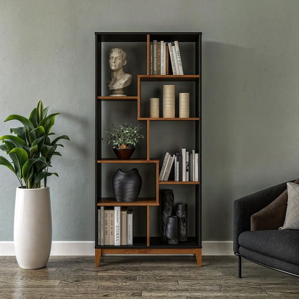 Geometrix 72 in. Tall Dark Pecan and Black Finish Solid Wood 8-Shelf Bookcase
