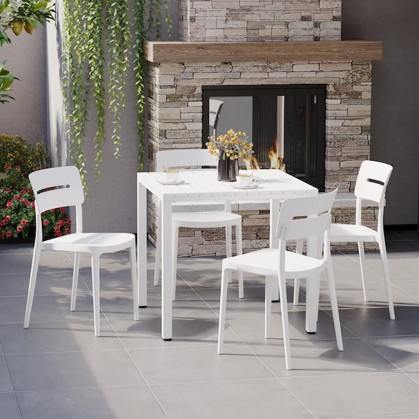 Frond and Form Outdoor Patio Modern 5-Piece Dining Set w/ Square Metal Frame Table and Stackable Plastic Chairs, White