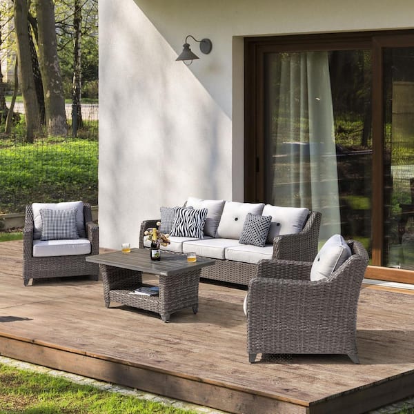 Nuu Garden Brown 4-Piece Wicker Outdoor Patio Deep Seating Set Conversation Sofa Set with Grey Cushions