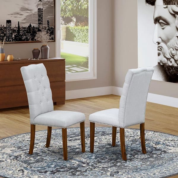 East West Furniture Walnut, Parson Dining Chairs - Button Tufted Nailhead Trim Grey Linen Fabric Upholstered Chairs, Set Of 2
