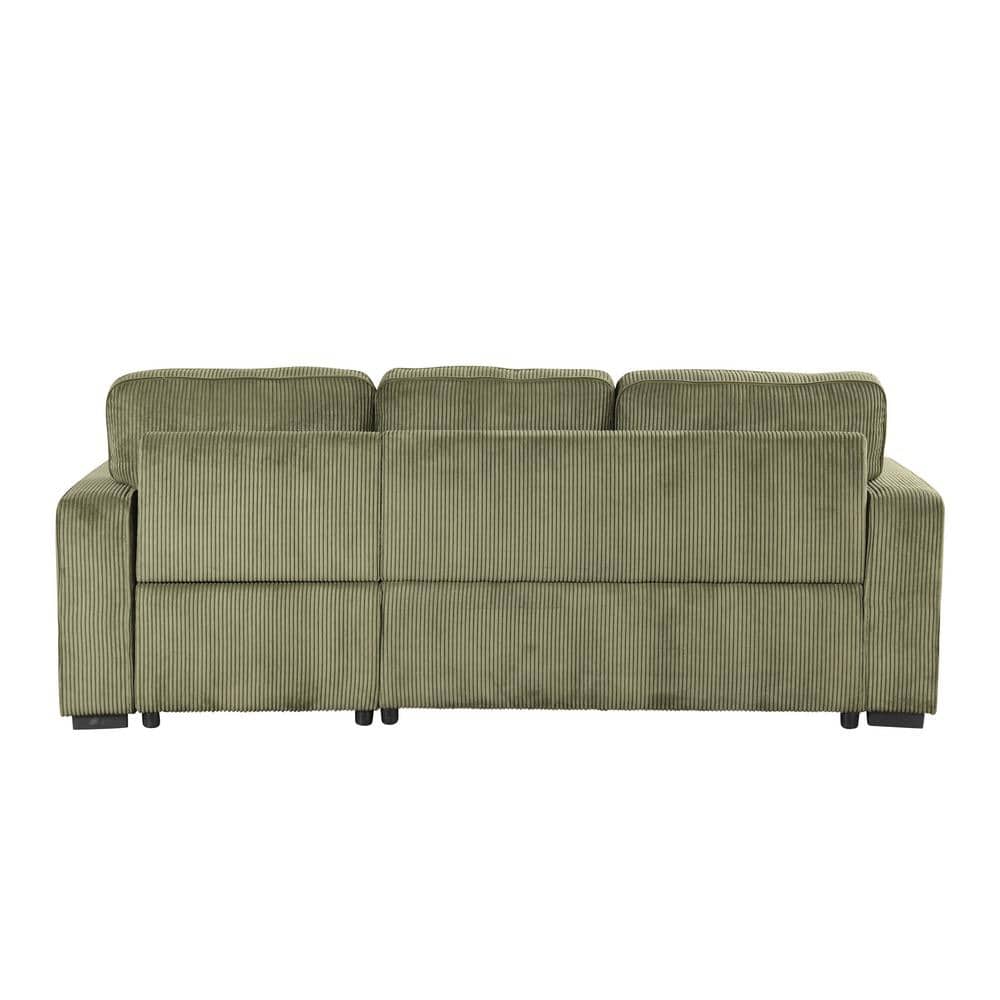 Green Corduroy Fabric Sectional Sofa with Storage Ottoman