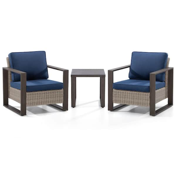 3-Piece Wicker Outdoor Lounge Chairs Patio Conversation Set with Metel Frame and Dark Blue Cushions