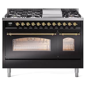 Nostalgie II 48 in. 8-Burner Plus Griddle Double Oven Natural Gas Dual Fuel Range in Glossy Black with Brass Trim