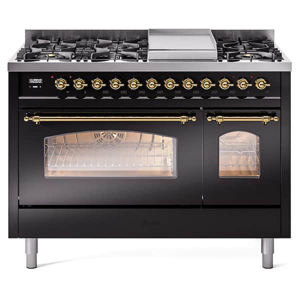 ILVE Nostalgie II 48 in. 8-Burner Plus Griddle Double Oven Liquid Propane Dual Fuel Range in Glossy Black with Brass Trim
