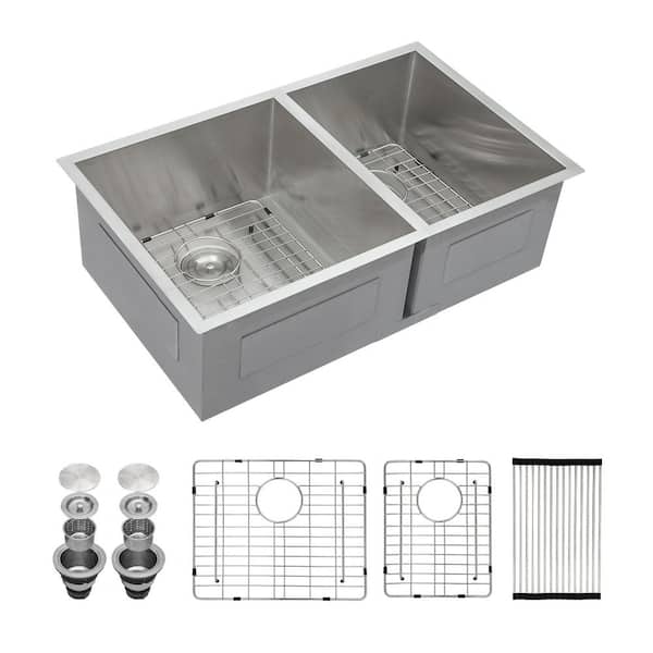 33 in. x 19 in. Double Bowl (60/40) 16 Gauge Stainless Steel Undermount Kitchen Sink with Bottom Grids
