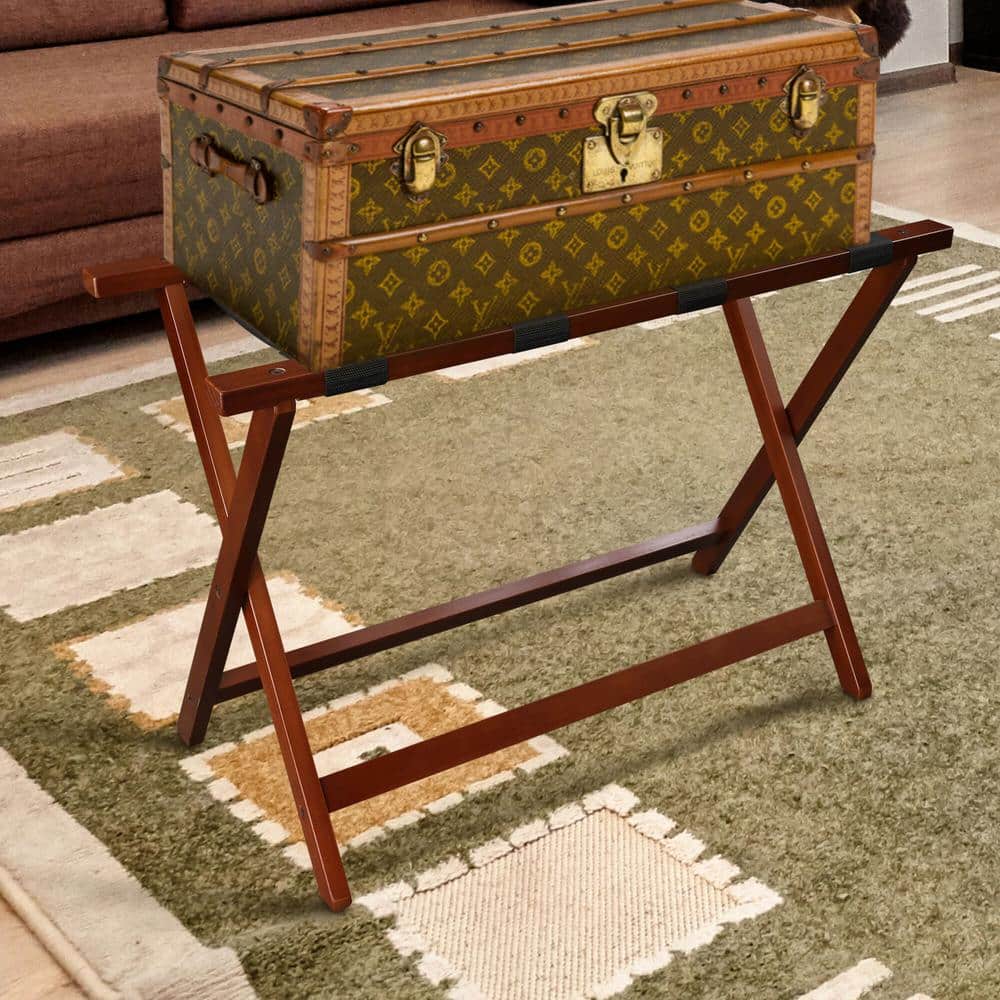 Walnut Extra Wide Folding Luggage Rack with Black Straps