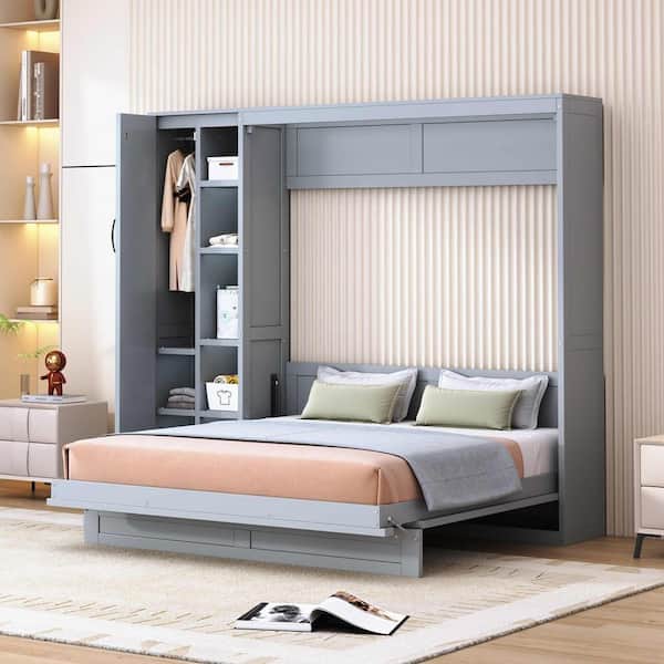 Gray Wood Frame Queen Size Murphy Bed with Shelves, Wardrobe and Led Lights