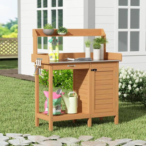 Outsunny Outdoor Solid Fir Wood Potting Bench Garden Planting Table w/Drawer Shelf 