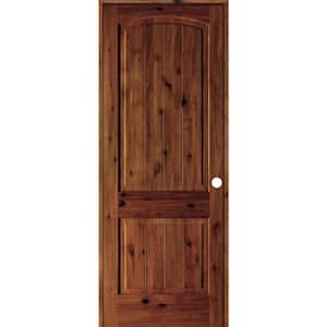 24 in. x 96 in. Knotty Alder 2 Panel Left-Hand Arch V-Groove Red Chestnut Stain Solid Wood Single Prehung Interior Door