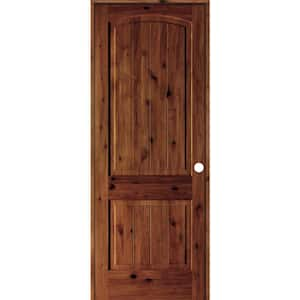 32 in. x 96 in. Knotty Alder 2-Panel Left-Hand Arch V-Groove Red Chestnut Stain Solid Wood Single Prehung Interior Door