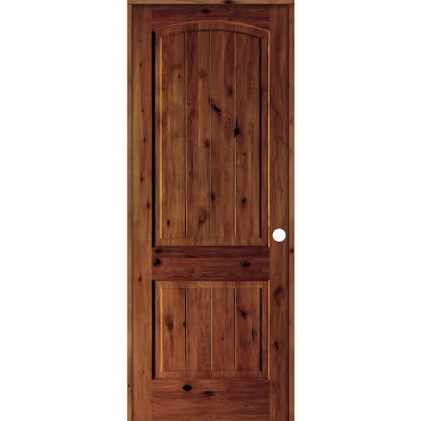 32 in. x 96 in. Knotty Alder 2-Panel Left-Hand Arch V-Groove Red Chestnut Stain Solid Wood Single Prehung Interior Door
