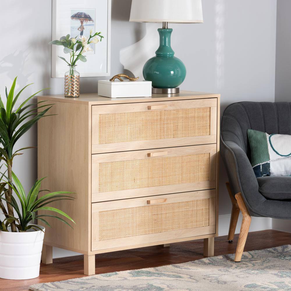 Sebille Light Brown Wood and Rattan 3-Drawer Chest