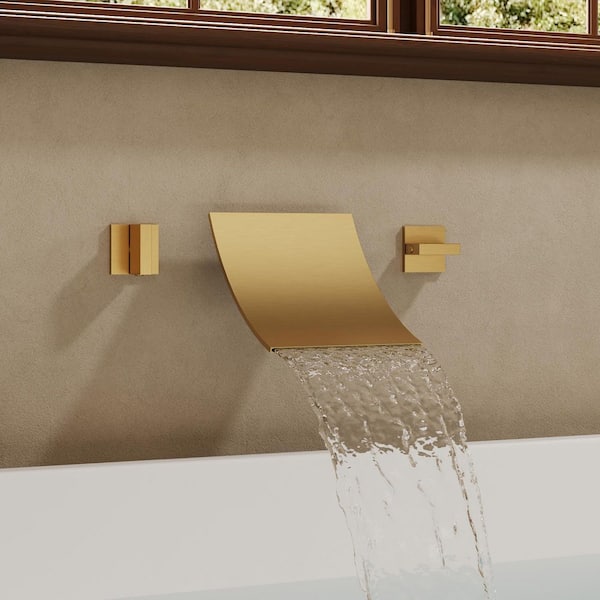 Wide Waterfall Double Handle 6 in. Wall-Mounted 1-Spray Tub and Shower Faucet 6.6 GPM in. Brushed Gold Valve Included
