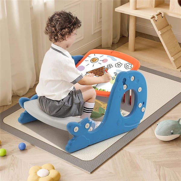 1-Piece Blue Kids Drawing and Playing Desk Set with Tiltable Erasable Graffiti Whiteboard Eating