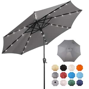 9 ft. Steel Market Solar Lighted 8-Rib Round Patio Umbrella in Grey