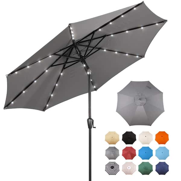 Sun-Ray 9 ft. Steel Market Solar Lighted 8-Rib Round Patio Umbrella in Grey