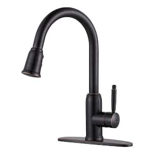 Single-Handle Deck Mount Gooseneck Pull Down Sprayer Kitchen Faucet with Deckplate Included in Oil Rubbed Bronze