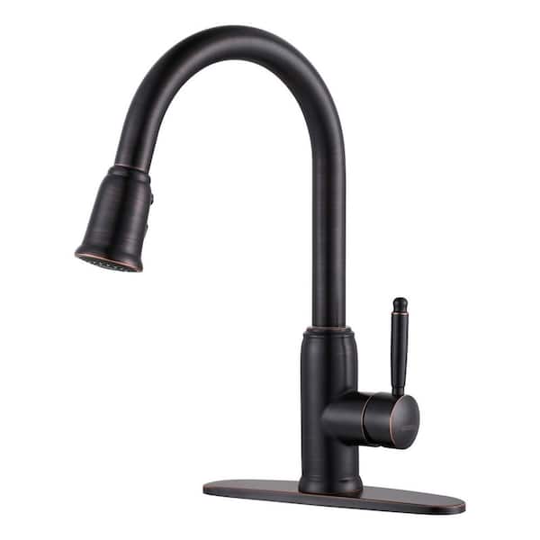 WOWOW Single-Handle Deck Mount Gooseneck Pull Down Sprayer Kitchen Faucet with Deckplate Included in Oil Rubbed Bronze