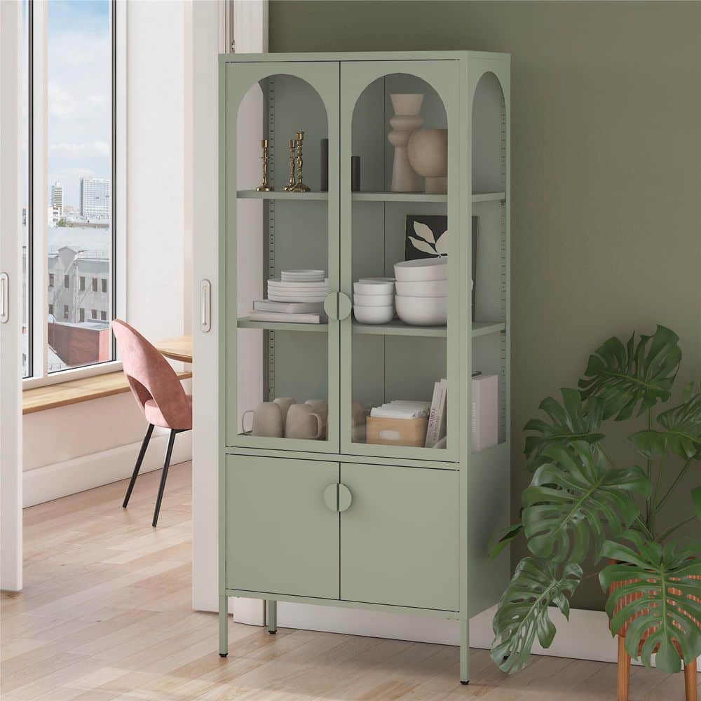 Pale Green Tall Metal Display Cabinet with Arched Glass Doors