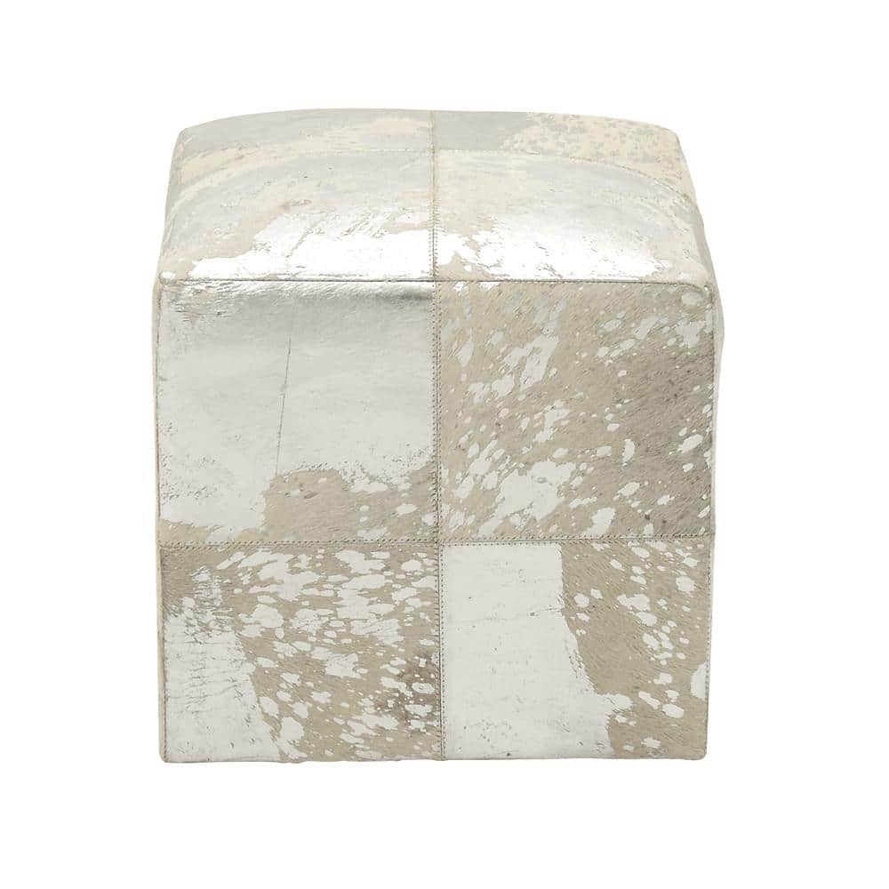 Elegance Unleashed White Leather Pouf with Silver Accents, 16"x17"