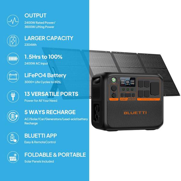 2400/3600-Watt Continuous Peak Output Power Station AC200PL Push Button Start LiFePO4 Battery Generator/200W Solar Panel
