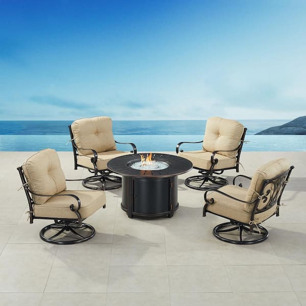 Oakland Living Black Aluminum Fire Table Set with 4-Club Chairs