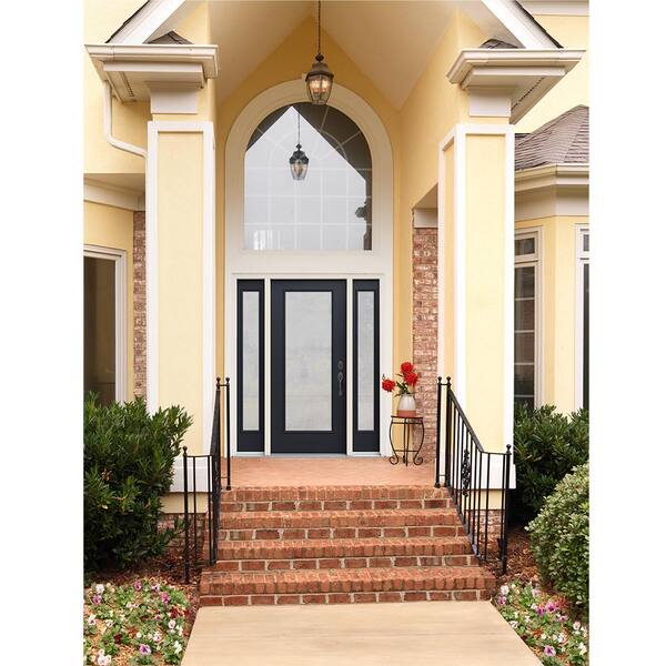 60 in. x 80 in. Left-Hand/Inswing Full Lite Micro-Granite Frosted Glass Black Steel Prehung Front Door with Sidelites