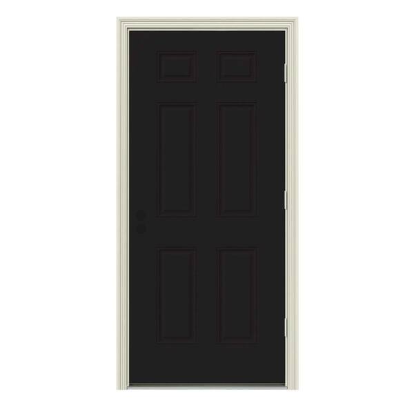 JELD-WEN 30 in. x 80 in. 6-Panel Black Painted w/ White Interior Steel Prehung Left-Hand Outswing Front Door w/Brickmould