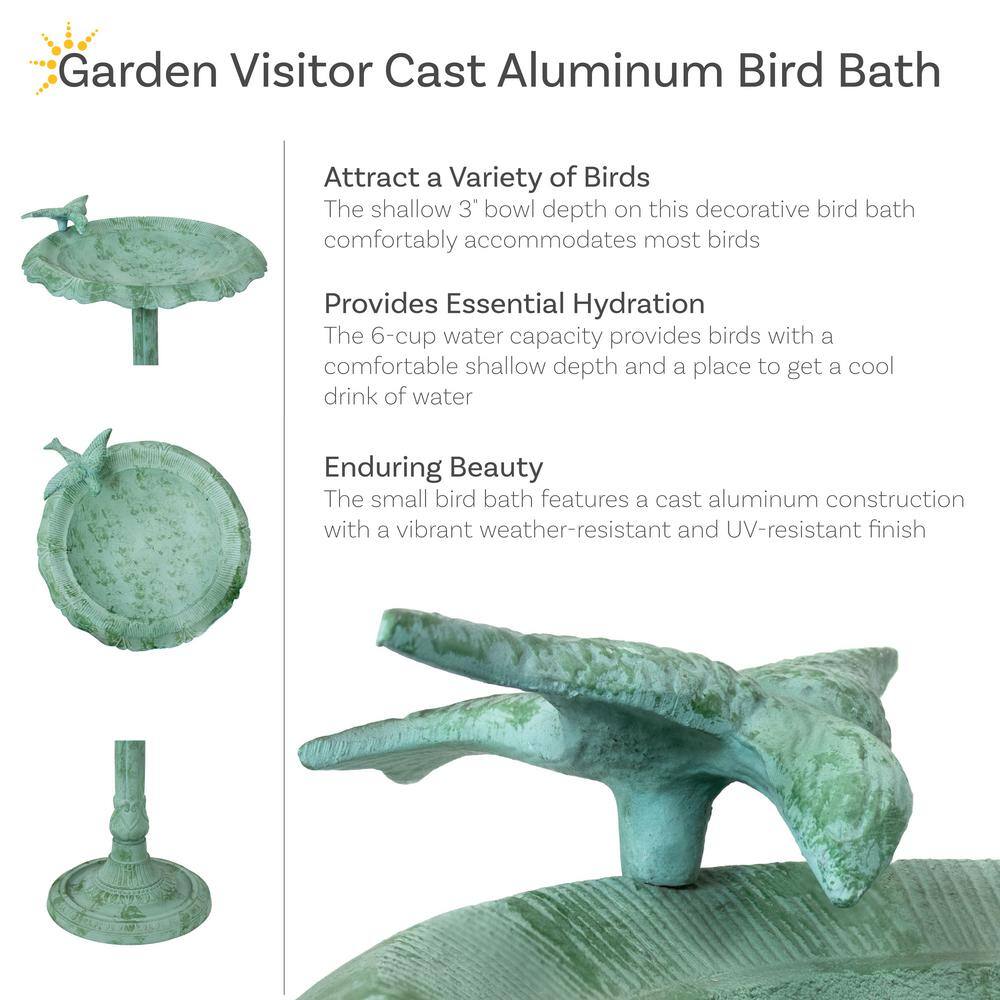 Green Patina Cast Aluminum Garden Bird Bath with Sculpture