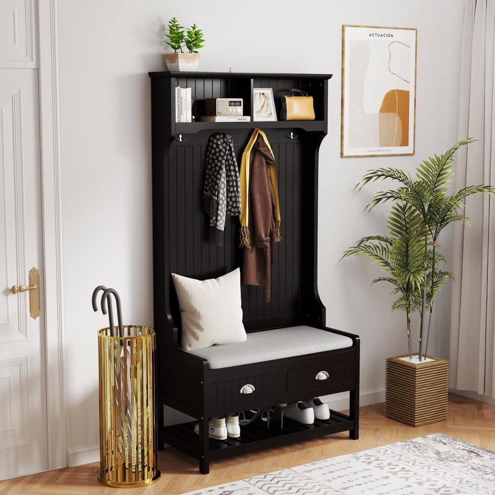 34.5 in. W x 16.5 in. D x 68 in. H Black Wood Hall Tree with Coat Rack, Sea