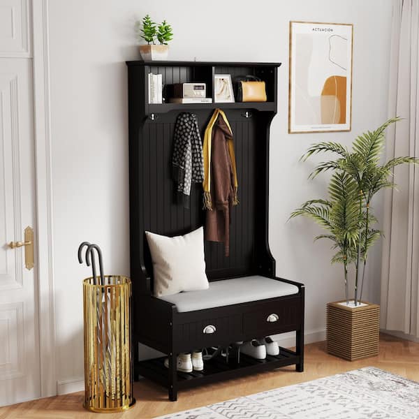 Unbranded 34.5 in. W x 16.5 in. D x 68 in. H Black Wood Hall Tree with Coat Rack, Seat Cushion and 4-Hooks for Entryways, Hallway