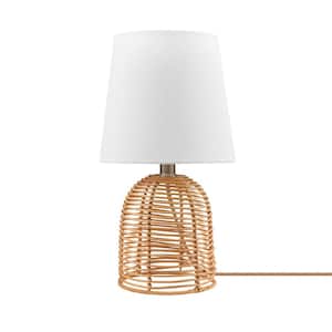 14 in. Rattan Base Table Lamp with White Linen Shade and On/Off Rotary Switch on Socket