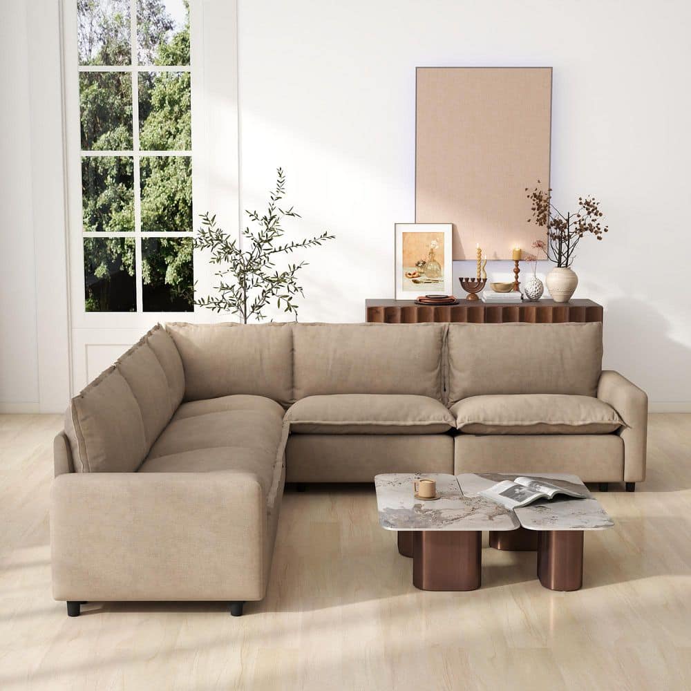 107.48 in. Square Arm 5-Piece Linen L-Shaped Oversized Sectional Sofa Living Room Couch with Removeble Cushion in Brown