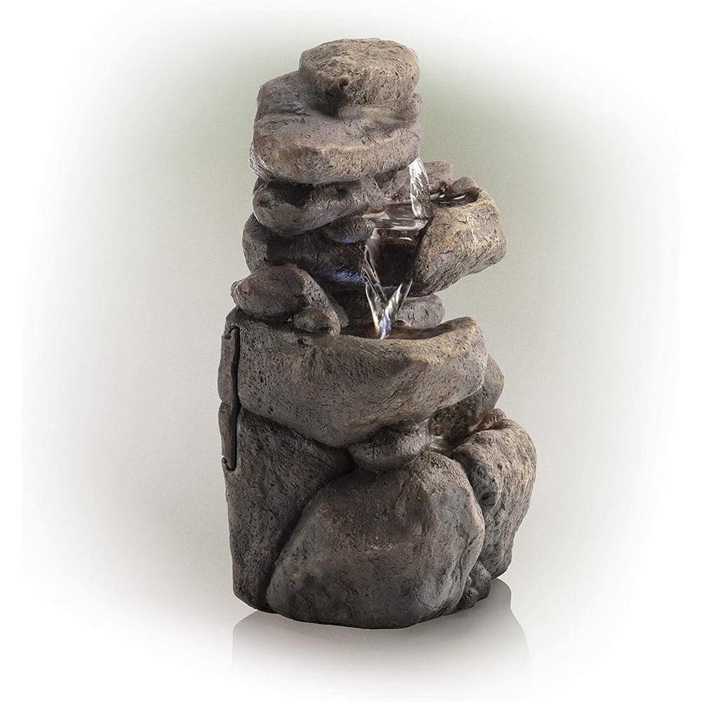 11" Gray Fiberglass 3-Tier Rock Tabletop Fountain with LED Light