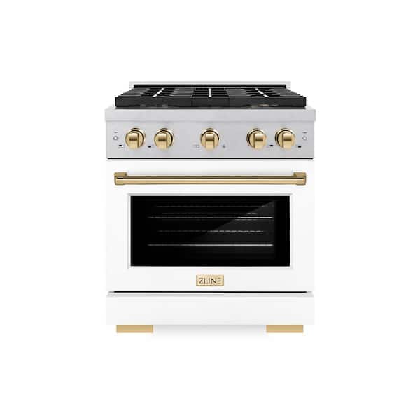 Autograph 30 in. 4.2 cu. ft. Gas Range with 4-Burner Cooktop and Gas Oven in Satin Stainless with White Matte and Gold