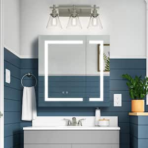 30 in. W x 30 in. H Rectangular Silver Recessed/Surface LED Light Mirror Cabinet with Mirror Defogger,Dimmer,Outlets,USB
